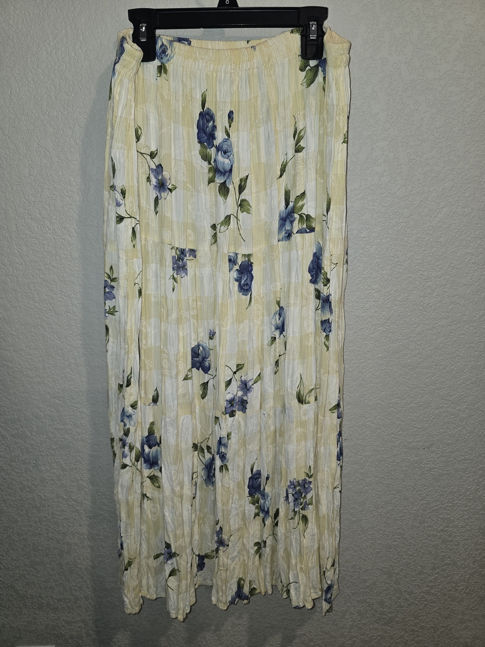 Tour De France Vintage Yellow Gingham Blue Floral Crinkle Broomstick Maxi Skirt